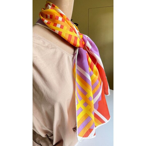 Vintage 70s long skinny scarf, purple, orange, yellow and red, groovy geometric - Picture 3 of 9